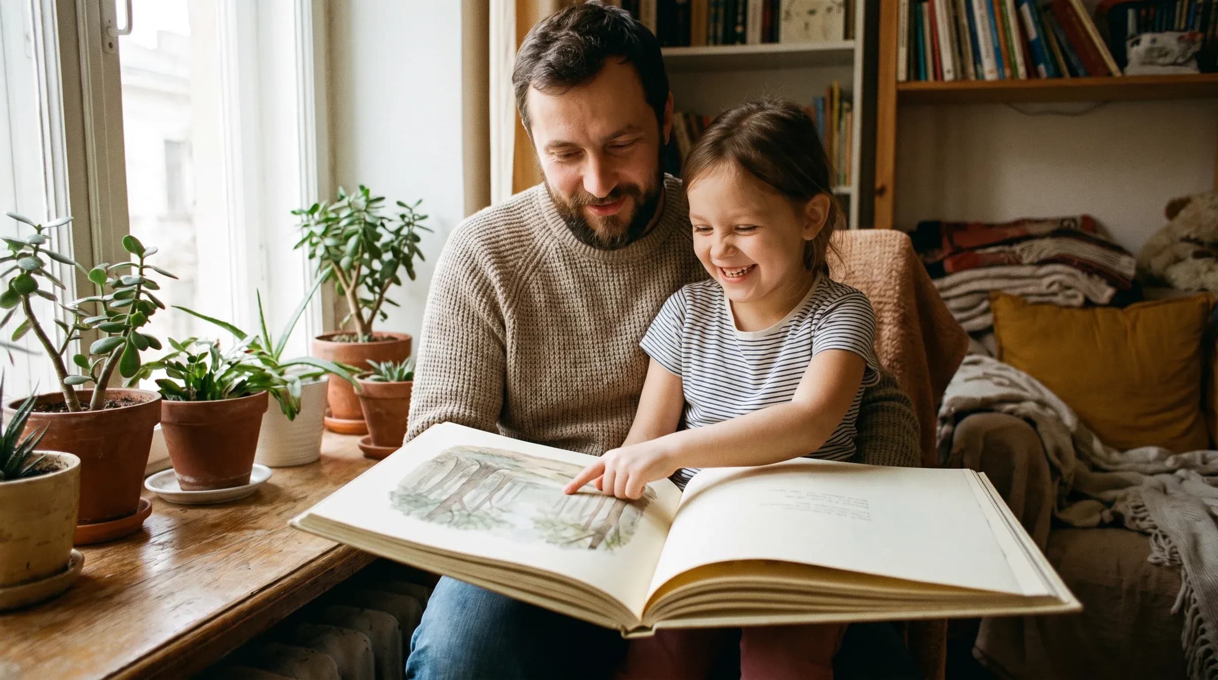 Папа и дочка читают книжку с картинками